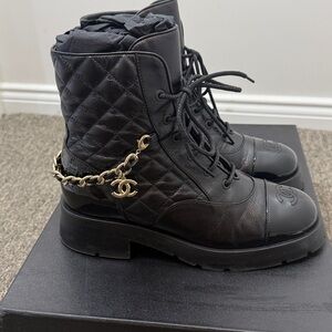 CHANEL Black Quilted Lace-Up Boots with Gold CC Chain